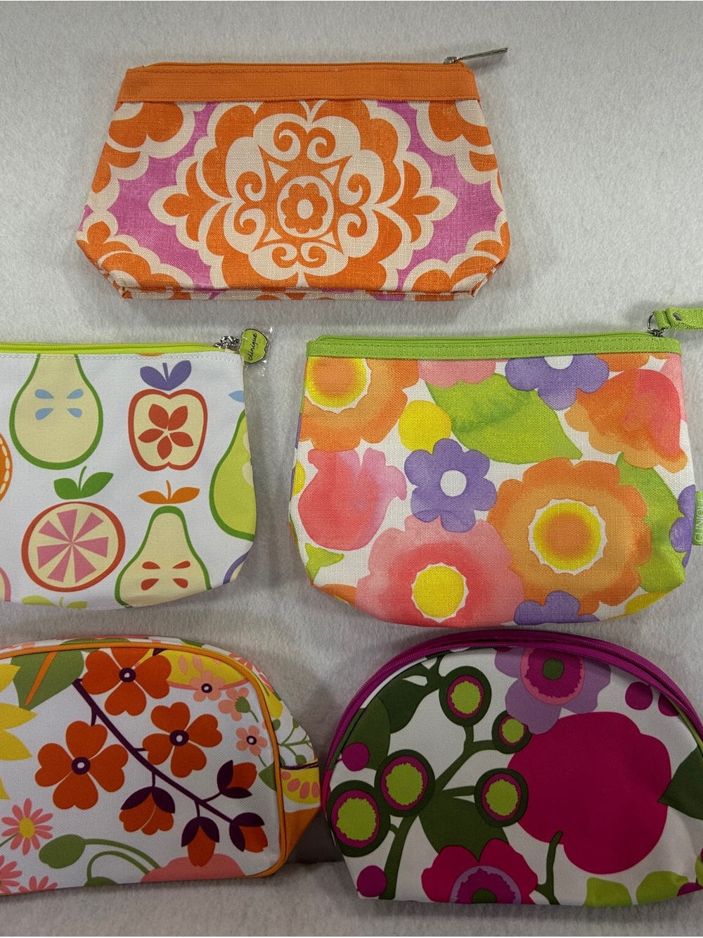 5 Clinique Bright Floral & Fruit Cosmetic Pouches - Orange, Pink, Green, Purple